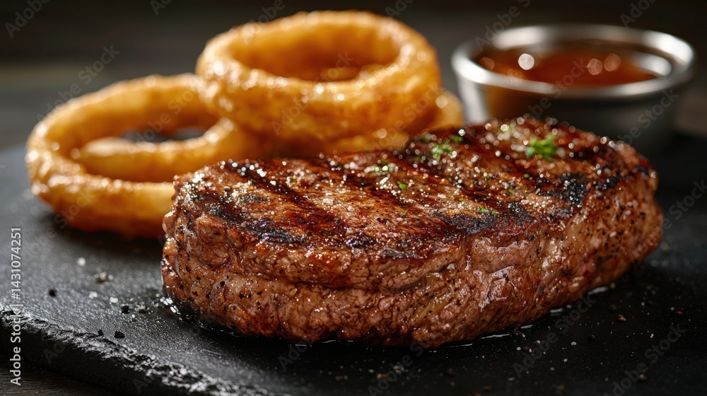 Flavorful steak and onion rings arranged on a black slate plate with ample copy space for creative text use Flavorful steak and onion rings arranged on a black slate plate with ample copy space for creative text use