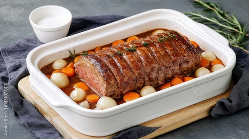 A succulent roast beef dish served with carrots and pearl onions, garnished with herbs, plated in a white casserole dish.