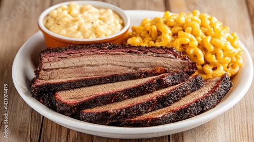 A plate featuring sliced smoked brisket, macaroni and cheese, and a side of creamy coleslaw, showcasing a delicious barbecue meal.