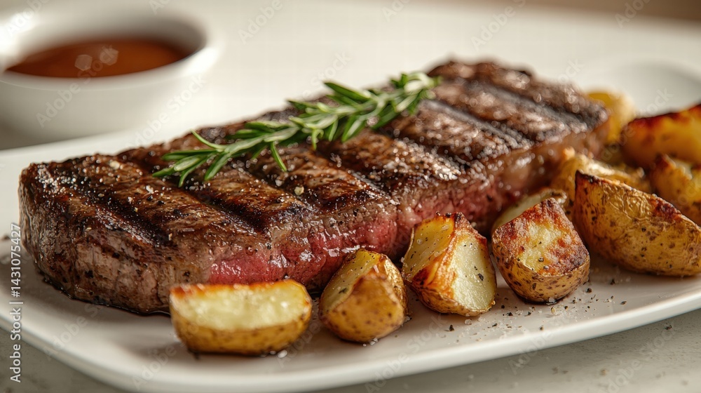 Deliciously cooked steak served with crispy roasted potatoes on a white plate garnished with fresh herbs and seasoning Deliciously cooked steak served with crispy roasted potatoes on a white plate garnished with fresh herbs and seasoning