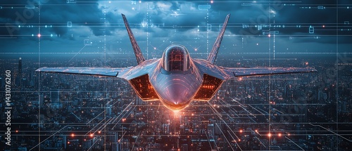 Futuristic jet fighter overlaid with digital network in a city background
