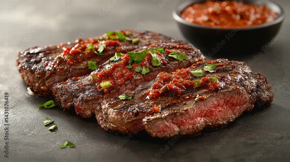 Tender steak accompanied by a bowl of spicy salsa highlighting the perfect combination of flavors and textures Tender steak accompanied by a bowl of spicy salsa highlighting the perfect combination of flavors and textures