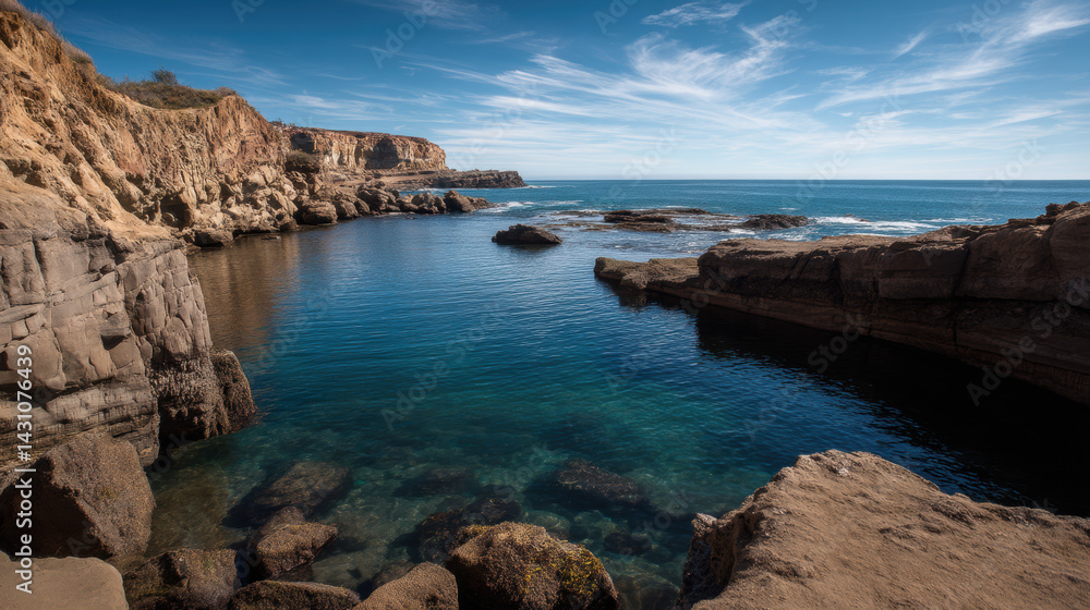 A breathtaking view of a serene cove with crystal-clear turquoise water surrounded by majestic cliffs on a sunny day, creating a peaceful and idyllic scene. A breathtaking view of a serene cove with crystal-clear turquoise water surrounded by majestic cliffs on a sunny day, creating a peaceful and idyllic scene.