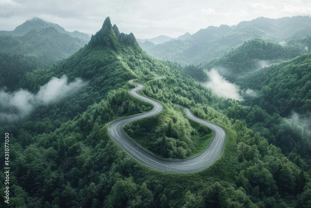 Winding Road Shaped Like a Pine Branch Through Mountainous Terrain in a Misty Landscape Inviting Exploration and Adventure Generative AI