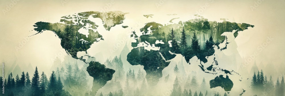 Creative World Map Showcasing Diverse Forest Types and Mountain Ranges in a Unique Artistic Style Generative AI