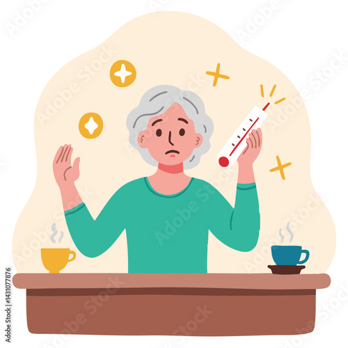 Elderly woman measuring temperature. Senior checking temperature with thermometer. Retired woman monitoring fever. Old lady holding digital thermometer. Elderly set