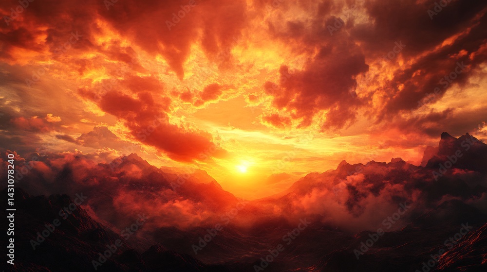 Fototapeta premium Fiery Sunset over Majestic Mountains: A Dramatic Landscape Painting