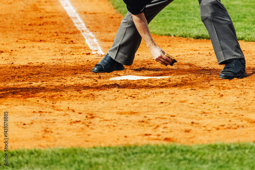 Baseball, umpire clears home plate, close up view, summer team sports