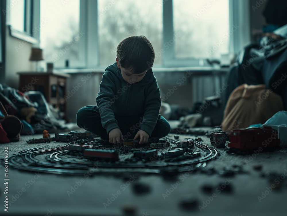 A child playing with a train set on the floor A child playing with a train set on the floor