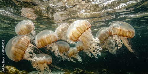 A group of box jellyfish swimming near the shoreline, creating an eerie yet mesmerizing underwater scene