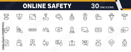 Online Safety for Kids Icons – Child Protection, Screen Monitoring, and Safe Internet Use Line Icon Set