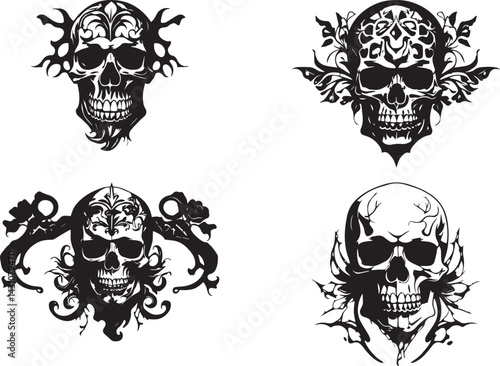 Ornate Skull Designs in Black and White Silhouettes