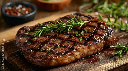 Flavorful argentinian steak beautifully plated on a rustic wooden cutting board ready to be savored