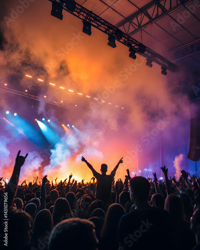 Live music concert crowd cheering at music festival with stage lights