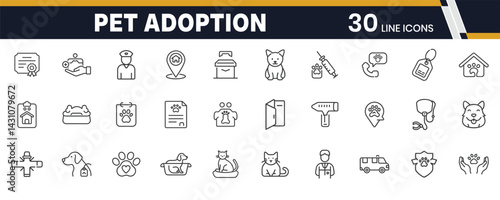 Pet Adoption and Rescue Icons – Shelter, Animal Care, and Pet Saving Services Line Icon Set