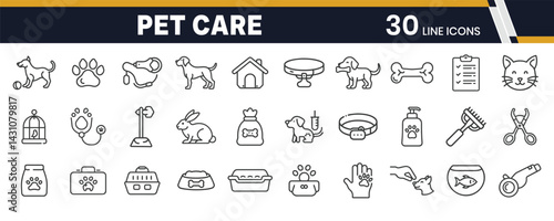 Pet Care and Training Icons – Animal Grooming, Feeding, and Obedience Training Line Icon Set