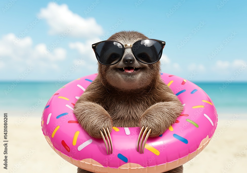 Fototapeta premium A sloth enjoying a relaxing day at the beach wearing sunglasses, and an inflatable donut