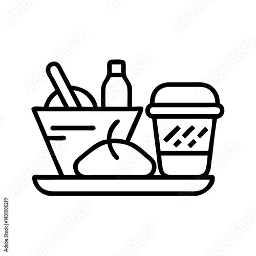 Outline icon of a meal tray with food items, bottle, and takeaway coffee cup. Clean and minimal black line style ideal for fast food, delivery, or cafe-related concepts.