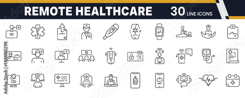 Remote Healthcare and Telemedicine Icons – Online Consultation, Virtual Health, and e-Medical Services Line Icons