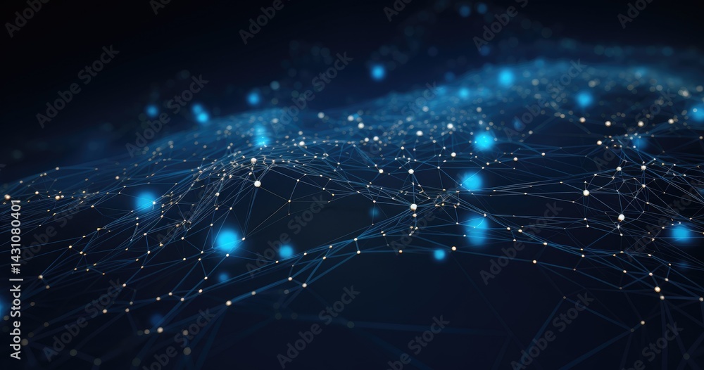 Obraz premium Abstract blue digital background with glowing dots and lines, a topographic map in a dark blue color scheme, a hyperrealistic water surface texture