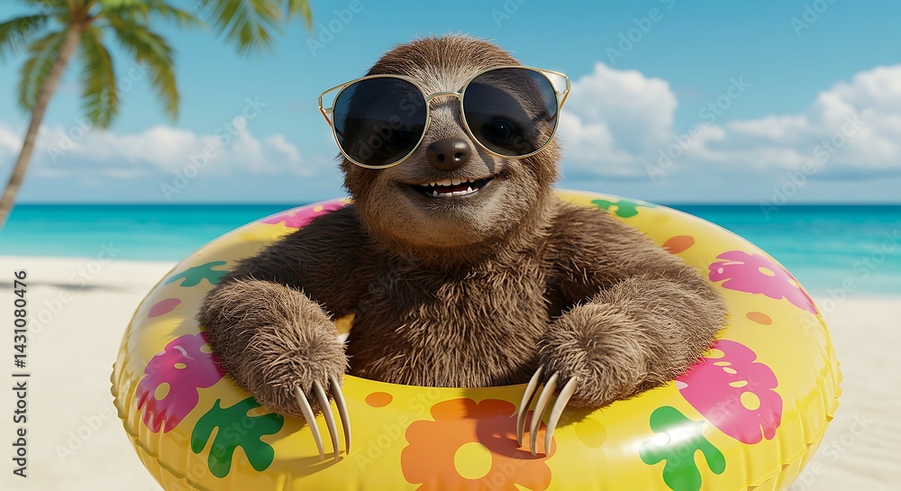 Fototapeta premium A smiling sloth is relaxing on the beach, wearing sunglasses and floating in an inflatable ring