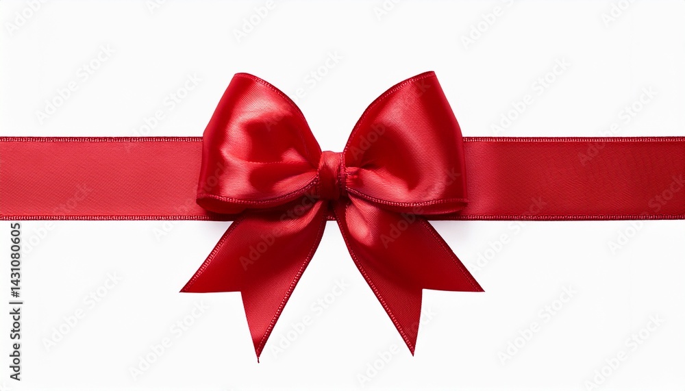 Fototapeta premium a large red ribbon bow in the centre of a long straight piece of ribbon to be used as a birthday or christmas banner border isolated against a transparent background