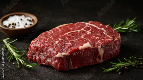 A piece of chuck eye steak accompanied by two small bowls of salt on a rustic wooden table with copy space