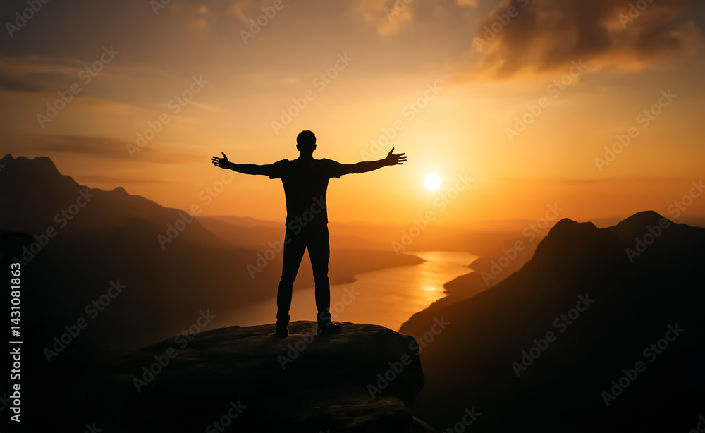 Fototapeta premium With arms open wide, a lone figure stands at cliff's edge during a glowing sunset, embodying freedom, awe, and the beauty of nature.