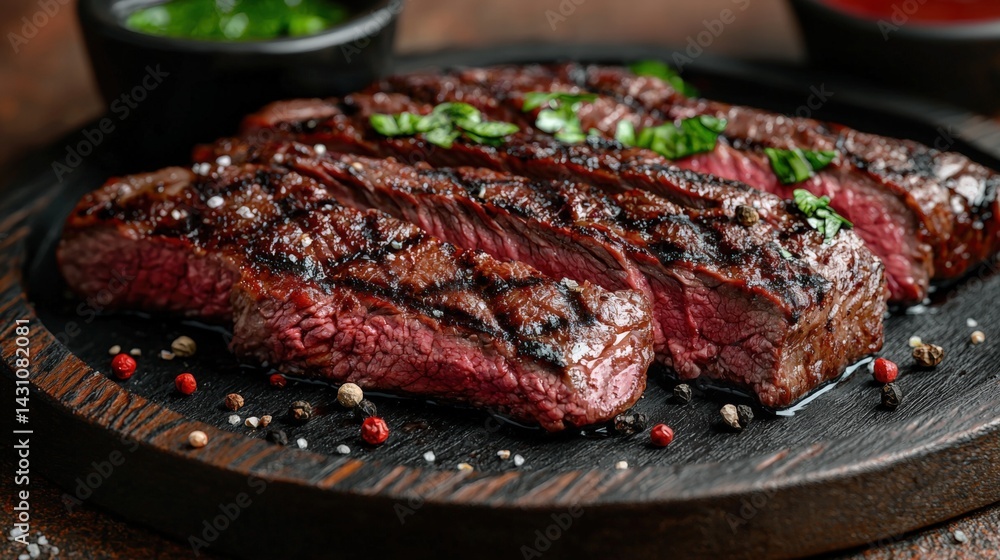 Perfectly cooked flank steak served on a white plate with fresh garnish and room for text and design elements Perfectly cooked flank steak served on a white plate with fresh garnish and room for text and design elements