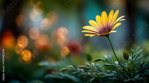 Single yellow flower with dark center, bokeh background, green leaves, soft lighting