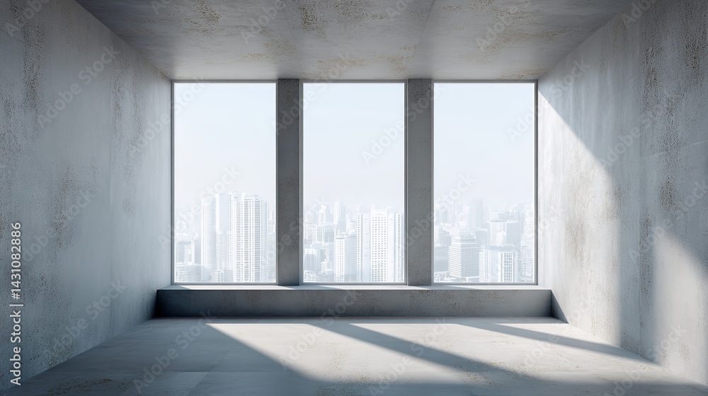 Fototapeta premium Minimalist Bright Concrete Wall with Large Windows, Soft Natural Light, Clean Architectural Lines, Simple Office Environment
