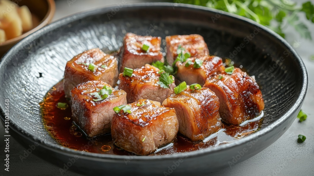 Hakka-style braised pork served on a plate with colorful vegetables and aromatic garnishes for a delicious meal Hakka-style braised pork served on a plate with colorful vegetables and aromatic garnishes for a delicious meal