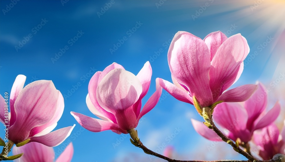 Obraz premium pink magnolia flowers on sky background close up