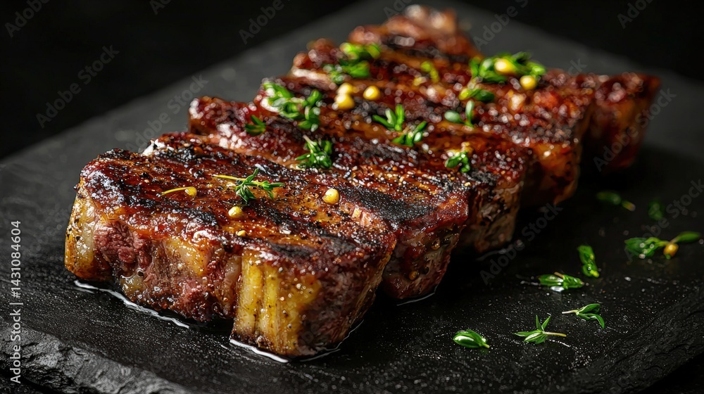 Elegant presentation of a piece of lamb steak on a black plate with ample copy space for personal text or notes Elegant presentation of a piece of lamb steak on a black plate with ample copy space for personal text or notes