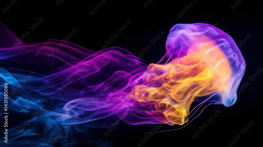 Obraz premium Colorful jellyfish gracefully swimming through dark waters, creating a mesmerizing visual display
