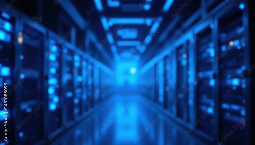 Obraz premium Cloud computing data center, glowing server racks, ambient blue lighting, portrait composition, modern high tech atmosphere