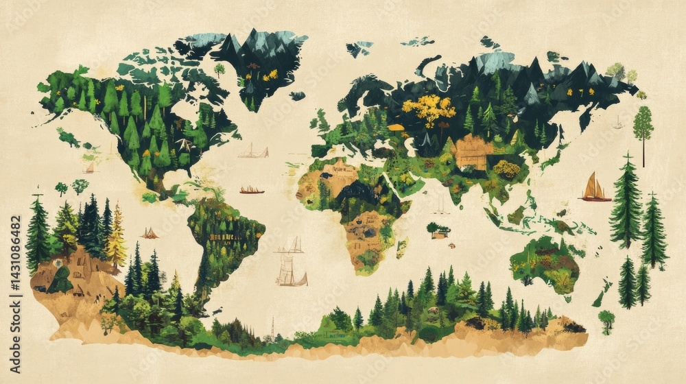 Creative World Map Showcasing Diverse Forest Types, Mountain Ranges, and Unique Geographical Features for Exploration and Adventure Generative AI