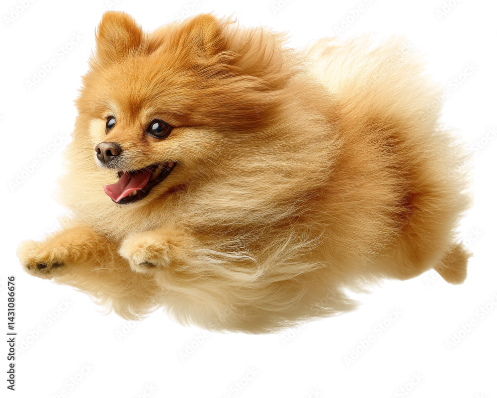 Obraz premium Pomeranian dog jumping in air, looking ecstatic and playful, with fluffy golden coat and bright eyes, embodies joy and energy in this lively moment