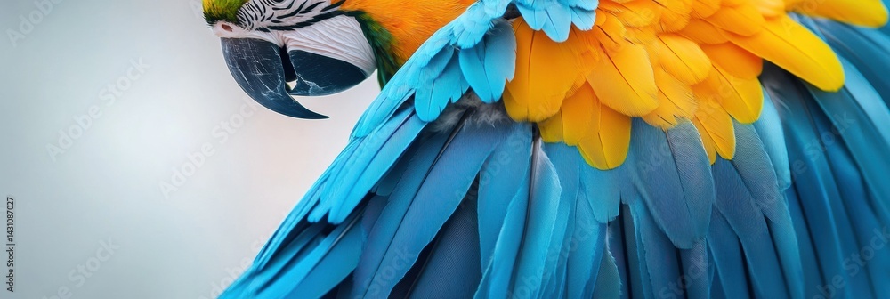 Vibrant Blue and Yellow Macaw Displaying Stunning Wing Feathers in Soft White Light Generative AI