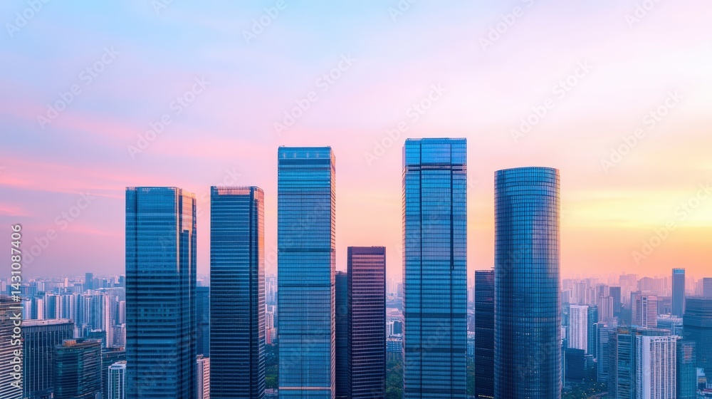 Obraz premium Stunning Aerial View of Modern City Skyline at Dusk with Skyscrapers Illuminated Against a Colorful Sunset Sky