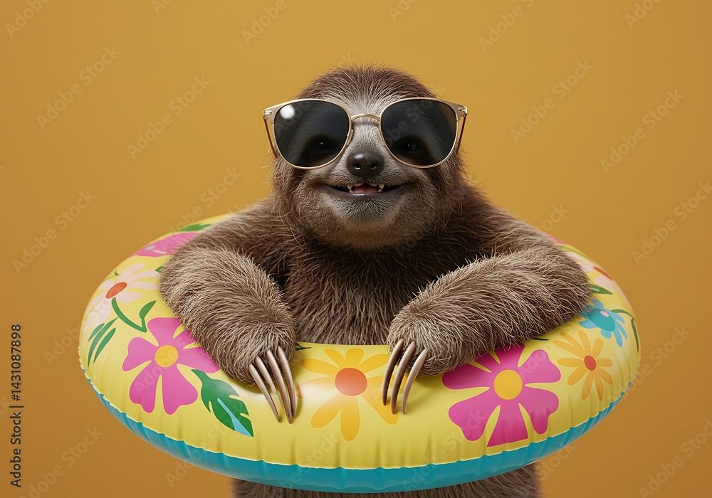 Fototapeta premium A cute sloth wearing sunglasses and an inflatable ring, looking happy and relaxed, on a bright yellow background