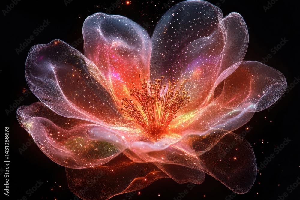Blooming Flower Resembles a Solar System, Showcasing a Beautiful Blend of Cosmic Elements and Natural Beauty in Vibrant Colors Generative AI