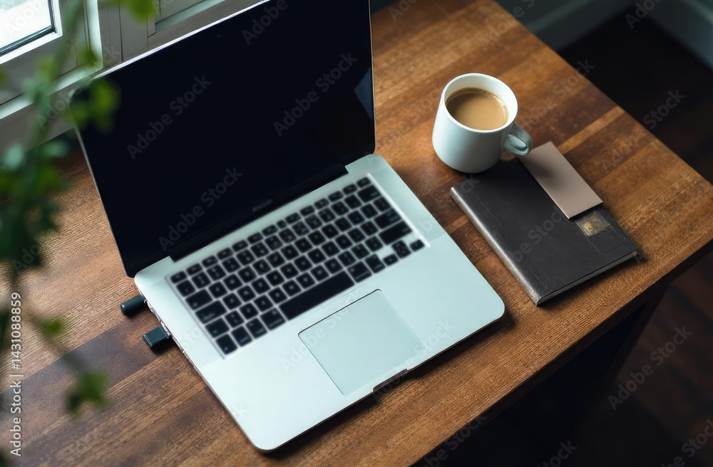 comfortable workplace with laptop computer, coffee cup and notebook. comfortable workplace with laptop computer, coffee cup and notebook.