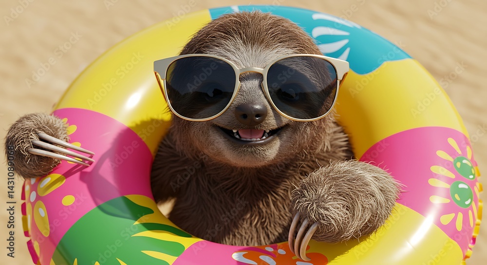 Fototapeta premium A sloth enjoying a summer day at the beach with a sunglasses
