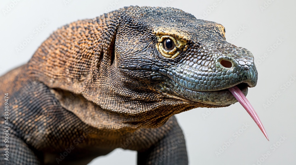 Obraz premium Detailed Komodo dragon rough scaly skin forked tongue flicking out white background high definition wildlife macro photography