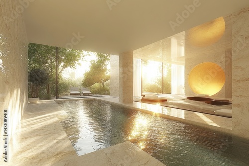 An indoor swimming pool with views of natural exterior landscape