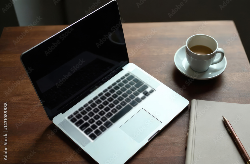 comfortable workplace with laptop computer, coffee cup and notebook. comfortable workplace with laptop computer, coffee cup and notebook.