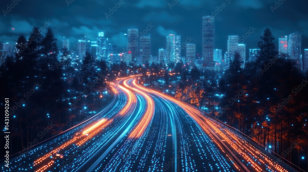 Fototapeta premium Neon Cityscape Night Drive: A Futuristic Highway Winding Through a Luminous Metropolis