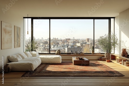An interior living room provides urban scenic views through large windows