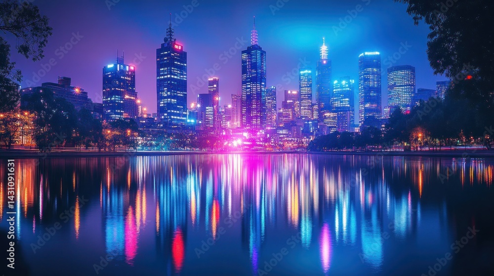 Naklejka premium Nightfall Symphony: Melbourne's Illuminated Skyline Reflected in Tranquil Waters